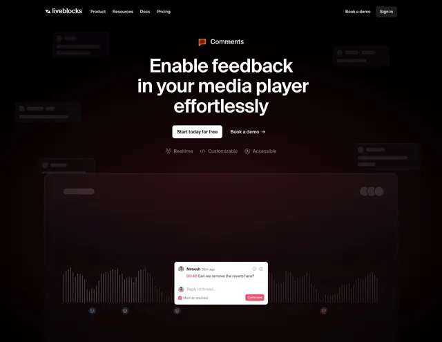 Liveblocks comments hero with waveform mockup, dark-mode, minimal, dark