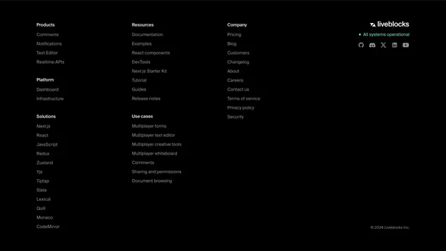Liveblocks multi-column site footer, dark-mode, minimal, dark