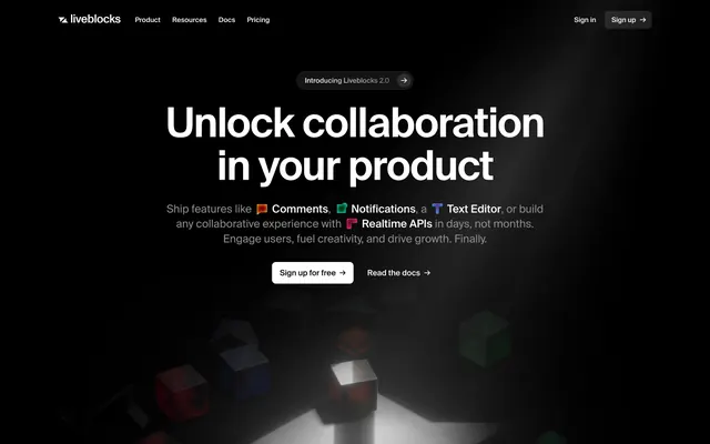 Liveblocks homepage hero with 3D scene, dark-mode, minimal, dark