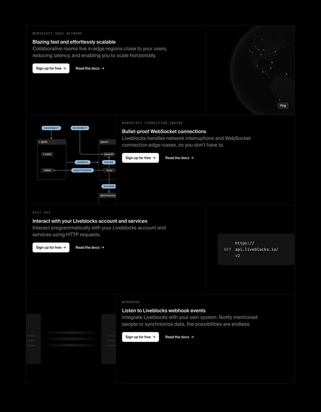 Liveblocks infrastructure feature grid, dark-mode, minimal, dark