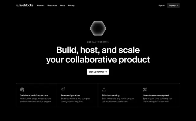 Liveblocks infrastructure page hero, dark-mode, minimal, dark
