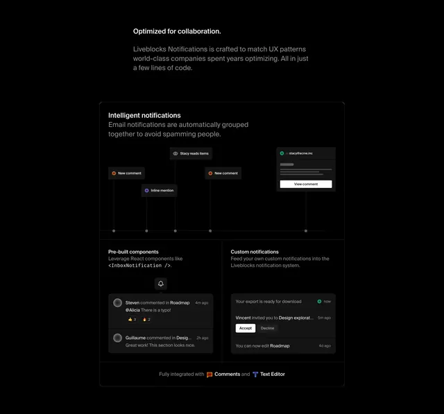 Liveblocks Notifications collaboration features, dark-mode, minimal, dark