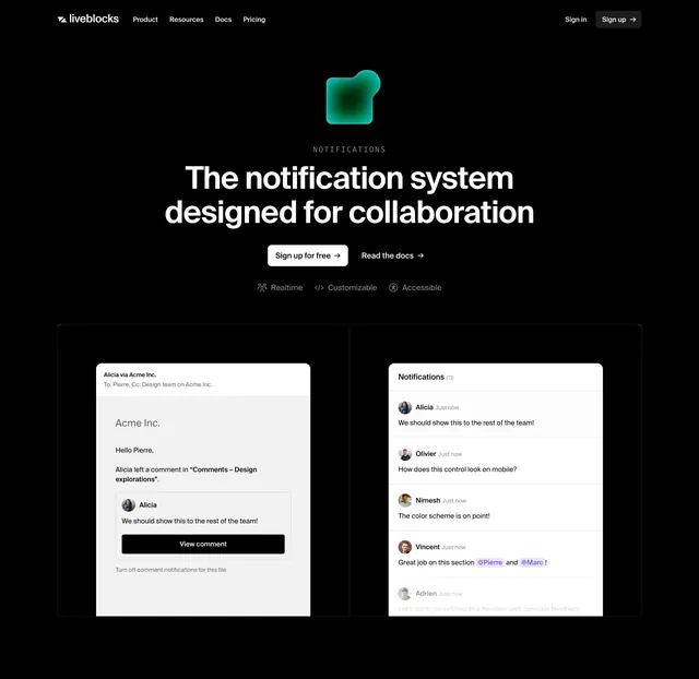 Liveblocks Notifications product hero, dark-mode, minimal, dark