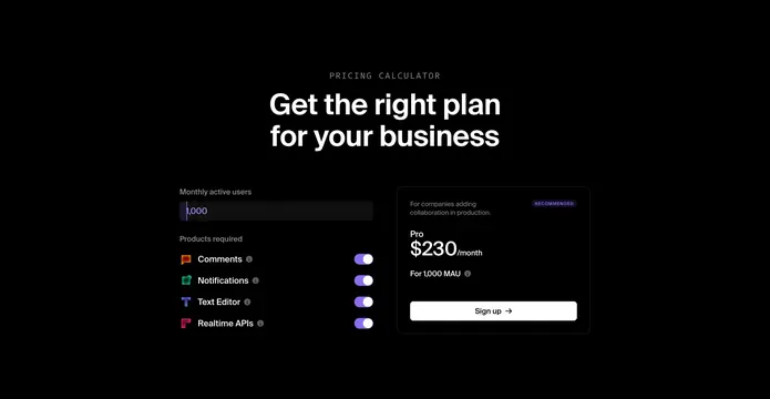 Liveblocks interactive pricing calculator, dark-mode, minimal, dark
