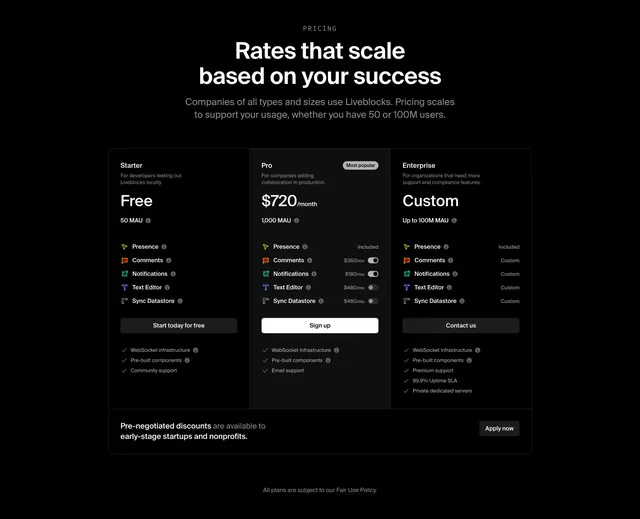 Liveblocks 3-tier dark pricing with add-on toggles, dark-mode, minimal, dark