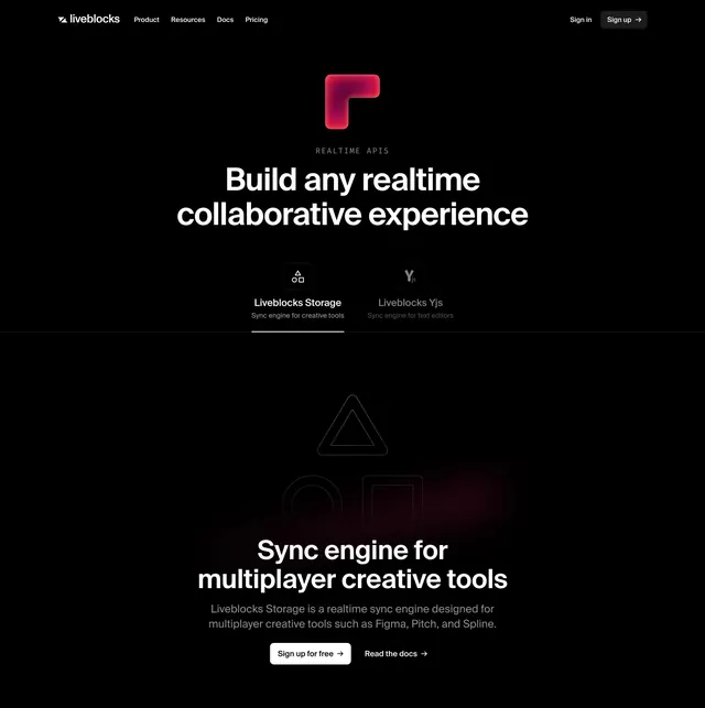 Liveblocks Realtime APIs hero, dark-mode, minimal, dark