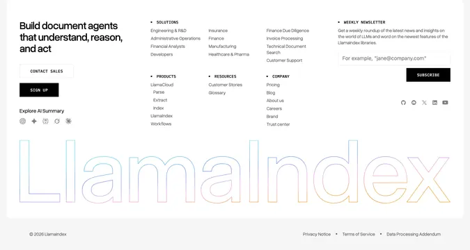 LlamaIndex corporate footer with newsletter, minimal, light-mode, light