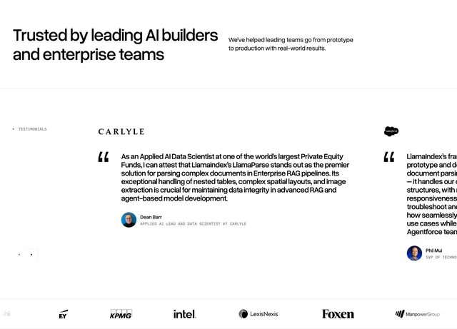 LlamaIndex testimonial and logo proof, minimal, light-mode, light