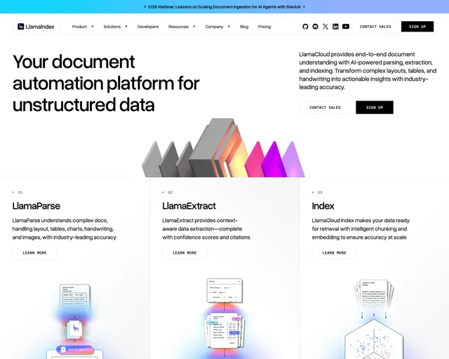 LlamaIndex document automation platform hero, minimal, light-mode, light