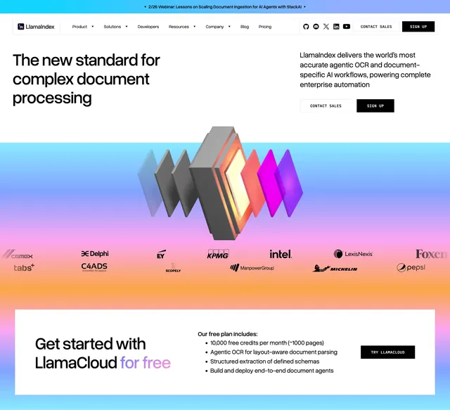 LlamaIndex complex document processing hero, minimal, light-mode, light