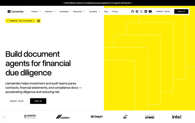 LlamaIndex financial due diligence hero, minimal, light-mode, light