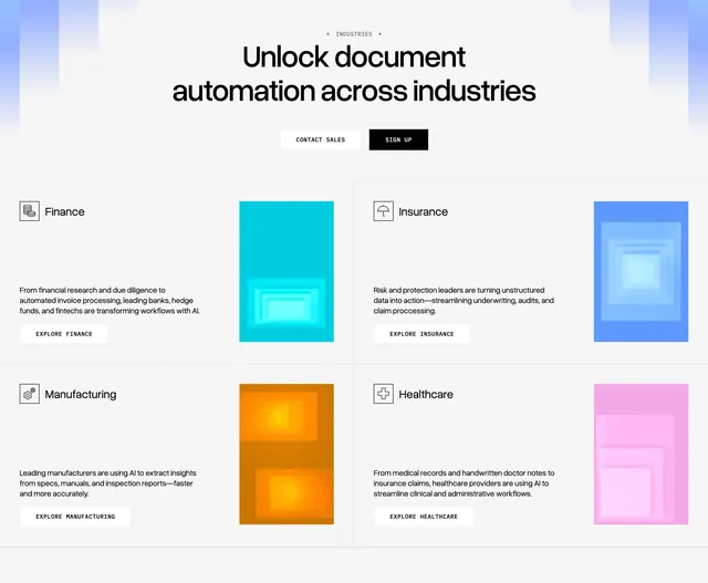 LlamaIndex industry automation grid, minimal, light-mode, light