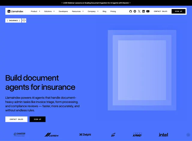 LlamaIndex insurance document agents hero, minimal, light-mode, light