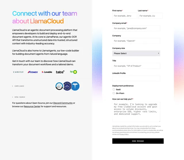 LlamaCloud enterprise contact form, minimal, light-mode, light