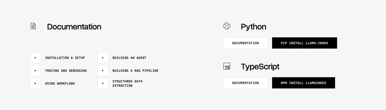 LlamaIndex developer docs quick links, minimal, light-mode, light