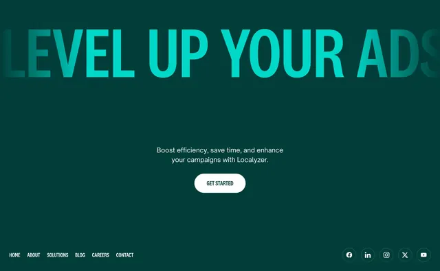 Localyzer oversized-type CTA footer, dark-mode, minimal, dark
