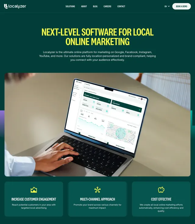 Localyzer hero with laptop shot and feature trio, dark-mode, minimal, dark