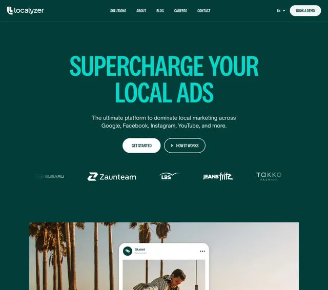 Localyzer centered hero with logo wall, dark-mode, minimal, dark