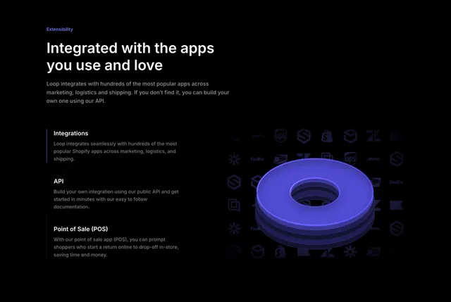 Loop dark integrations feature with 3D ring and tabbed list, dark-mode, minimal, dark