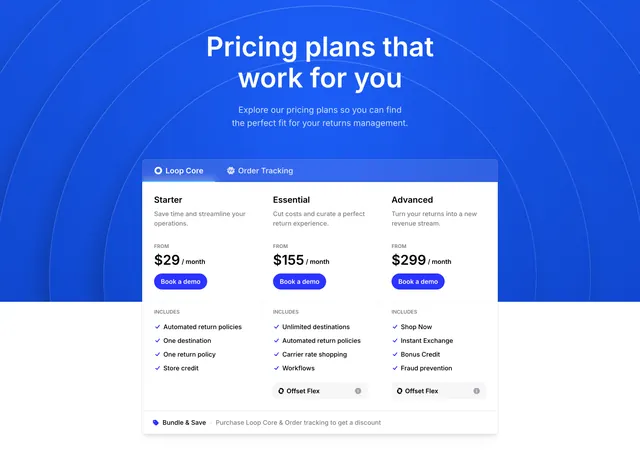 Loop blue pricing with tabbed three-tier card on radial backdrop, gradient-heavy, boxed, vibrant