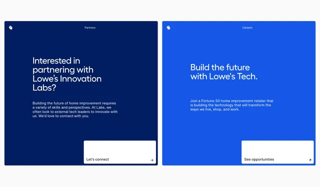 Lowe's Labs partners and careers blocks, minimal, corporate-clean, dark