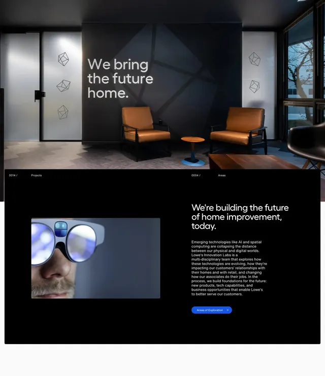 Lowe's Labs mission split section, minimal, dark-mode, dark