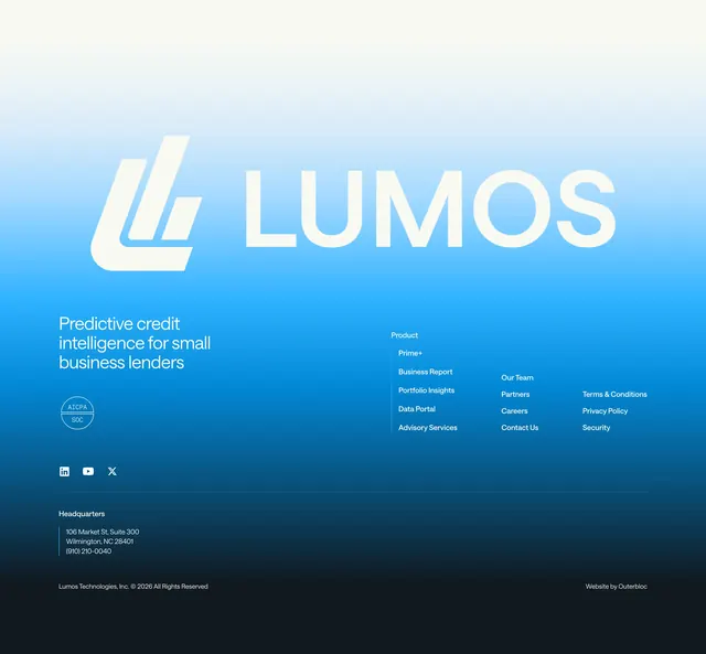 Lumos gradient company footer, minimal, gradient-heavy, cool