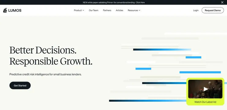 Lumos credit risk homepage hero, minimal, light-mode, light