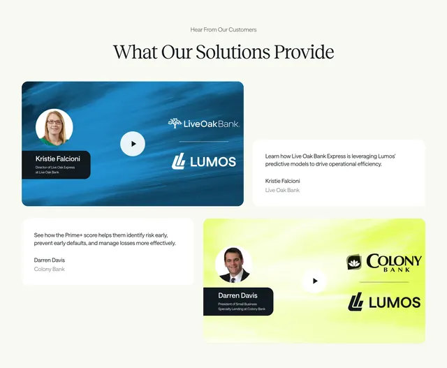 Lumos customer success video testimonial grid, minimal, editorial, light