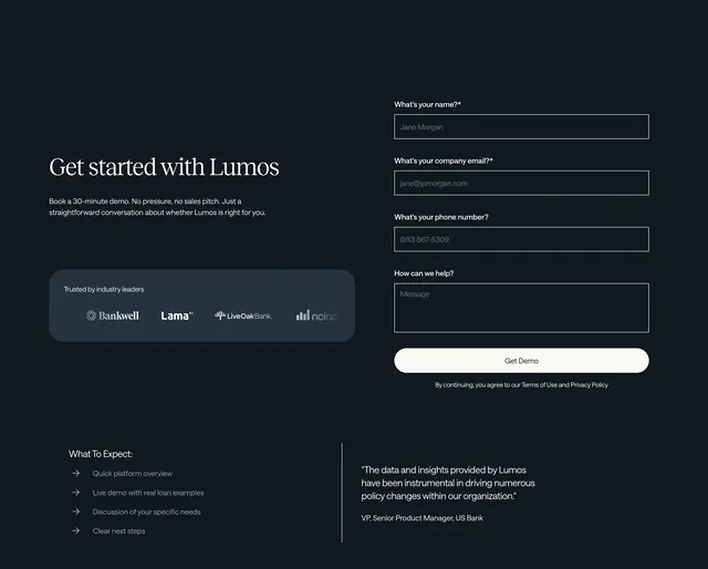 Lumos dark book-a-demo contact form, minimal, dark-mode, dark