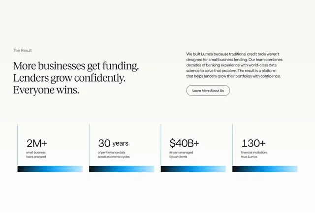 Lumos impact statistics four-column feature, minimal, corporate-clean, light