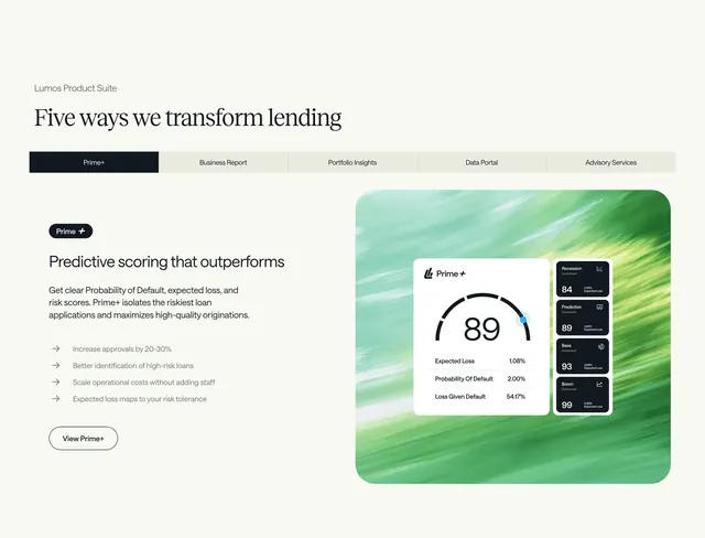 Lumos Prime+ tabbed product feature, minimal, corporate-clean, light