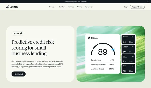 Lumos Prime+ credit risk product hero, minimal, corporate-clean, light
