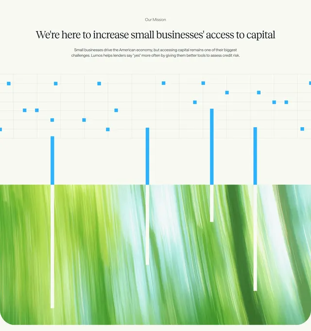 Lumos mission statement with data grid art, minimal, editorial, light