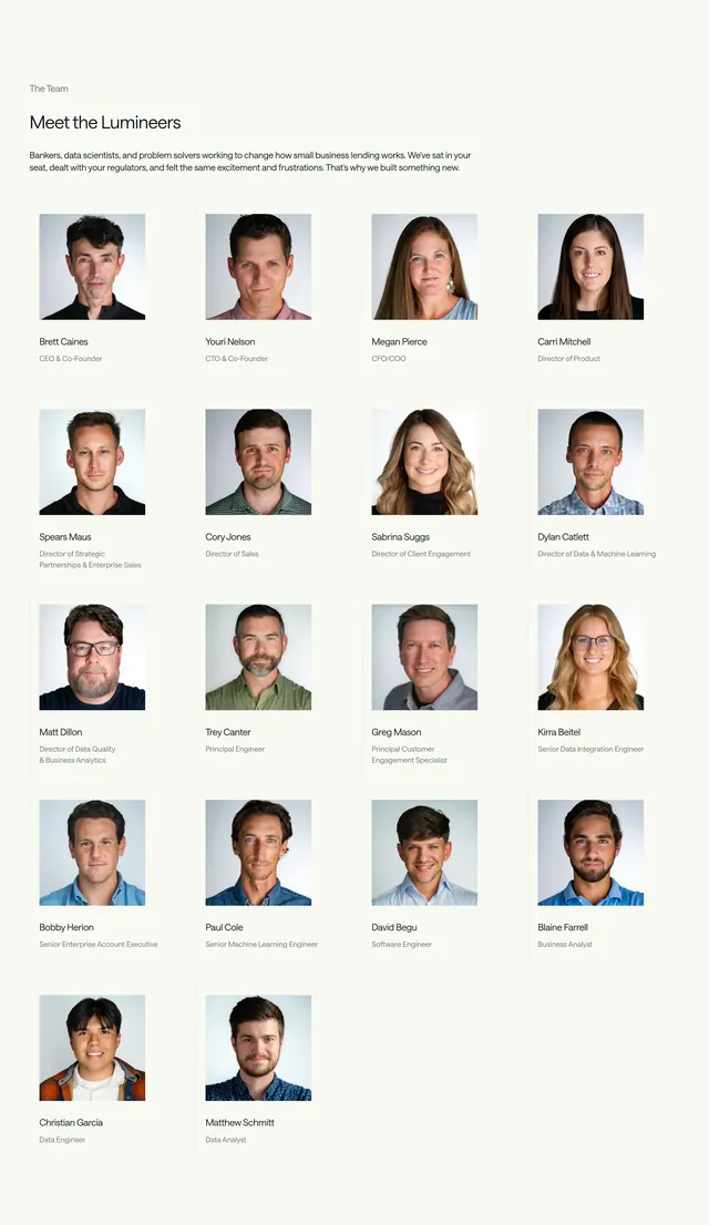 Lumos Lumineers team photo grid, minimal, corporate-clean, light