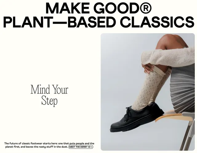 Make Good plant-based classics footwear hero, minimal, editorial, light