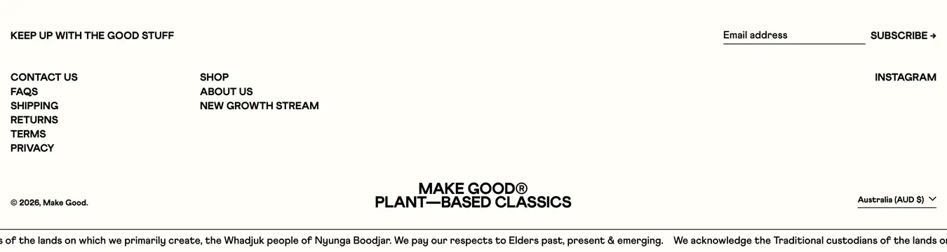 Make Good minimalist navigation footer, minimal, monochrome, light