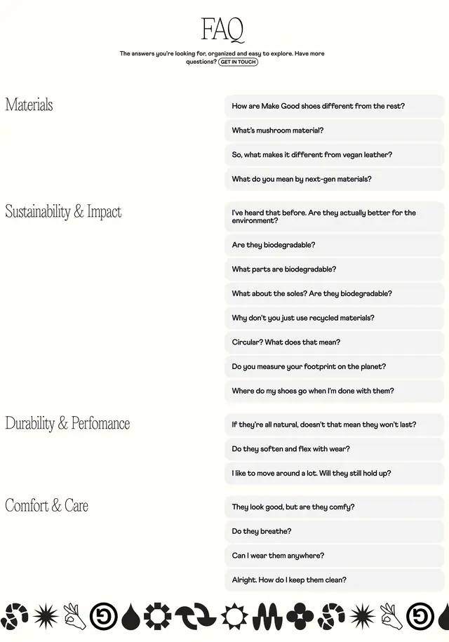 Make Good categorized product FAQ accordion, minimal, editorial, light