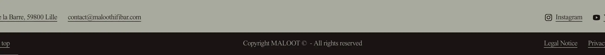 Maloot two-tone contact footer, minimal, editorial, muted
