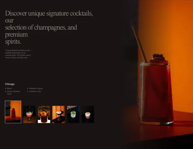 Maloot cocktail menu showcase, dark-mode, editorial, dark