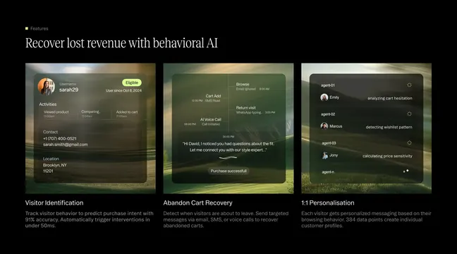 Markopolo behavioral AI revenue features, dark-mode, glassmorphism, dark