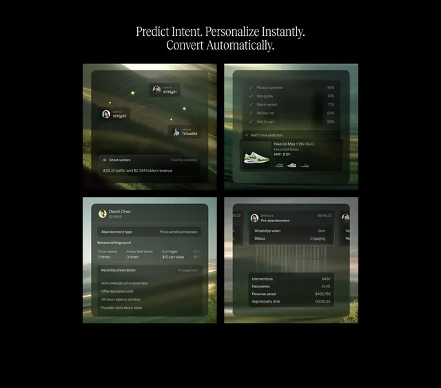 Markopolo predictive intent capability panels, dark-mode, glassmorphism, dark
