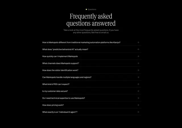 Markopolo dark accordion FAQ, dark-mode, minimal, dark