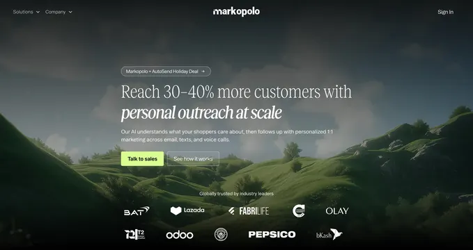 Markopolo personal outreach hero, dark-mode, editorial, dark