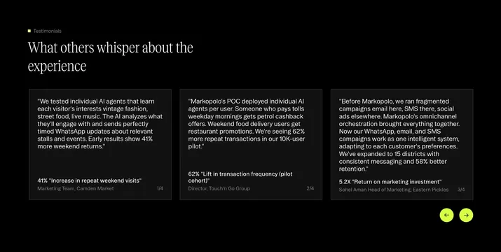 Markopolo metric testimonial carousel, dark-mode, minimal, dark