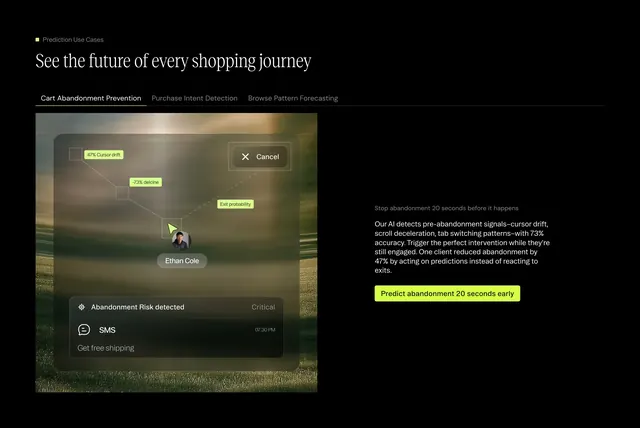 Markopolo cart abandonment prediction tab, dark-mode, glassmorphism, dark