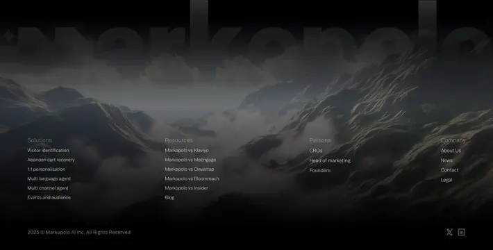 Markopolo mountain footer with mega wordmark, dark-mode, photographic, dark