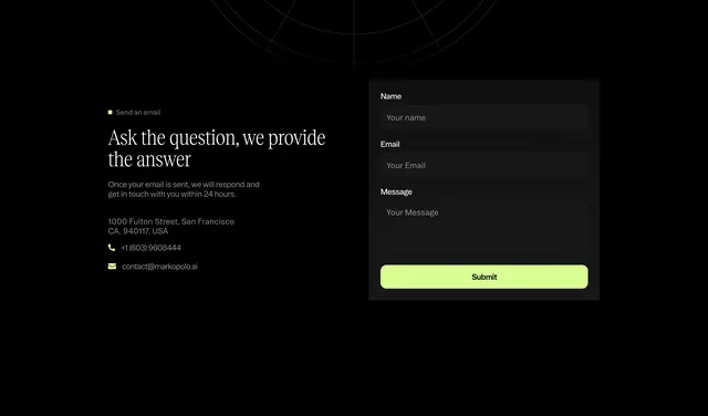 Markopolo split contact form, dark-mode, minimal, dark