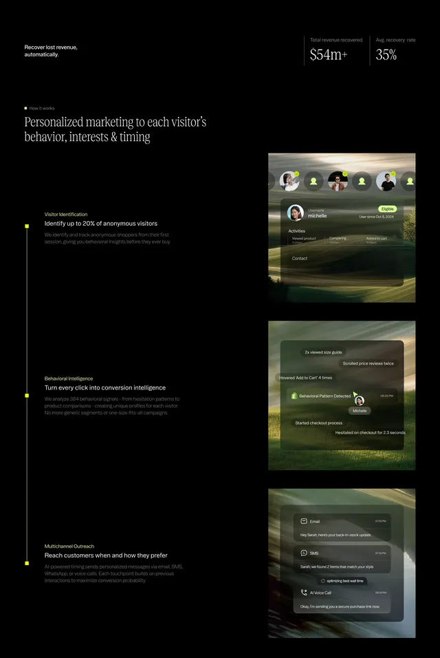 Markopolo visitor how-it-works steps, dark-mode, glassmorphism, dark