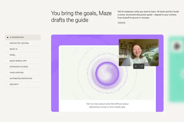 Maze AI moderator vertical tabs, minimal, light-mode, light
